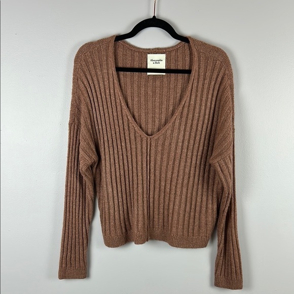 Abercrombie & Fitch Ribbed Oversized V Neck Long Sleeve Sweater Large Cognac - Picture 2 of 10